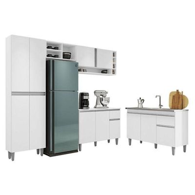 Cozinha Ambiente Vanessa E Balcão De Pia Tatiane 120 Cm Branco Brilho - Ajl