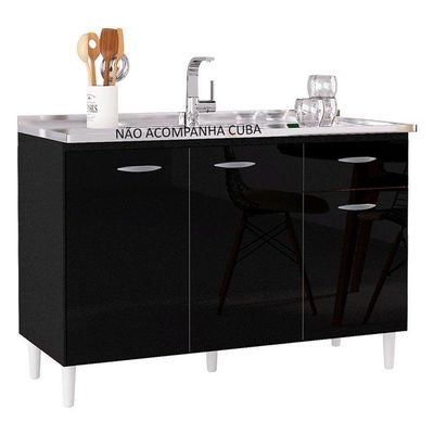 Balcão De Pia E Armário Aéreo 120 Cm Preto – Poquema