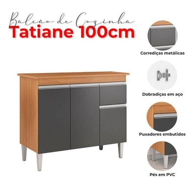 Balcão De Cozinha Tatiane Com Tampo 100cm E Armário Aéreo Andréia 3 Portas Amêndoa Preto - Ajl