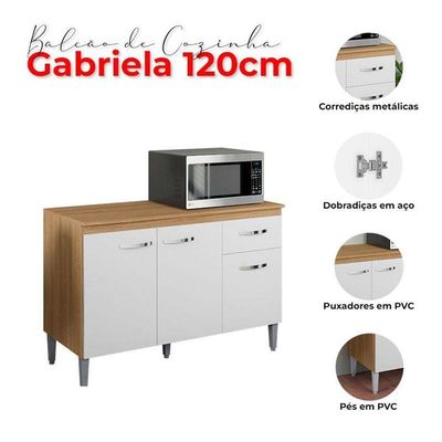 Balcão De Cozinha Ambiente Gabriela Com Tampo 120cm Amêndoa Branco - Ajl