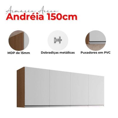 Armário Aéreo Para Cozinha Ambiente Andréia 4 Portas 150cm Amêndoa Branco - Ajl