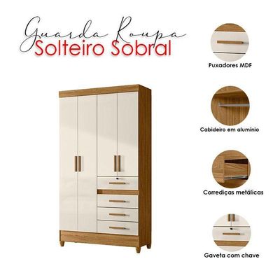 Guarda Roupa Solteiro Sobral 4 Portas Freijó Off White - Moval