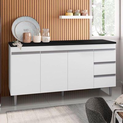 Balcão De Cozinha Andréia Branco Com Tampo 150 Cm Preto Fosco – Ajl