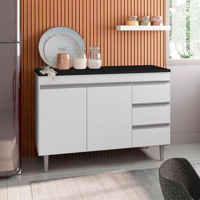 Balcão De Cozinha Andréia Branco Com Tampo 100 Cm Preto Fosco – Ajl