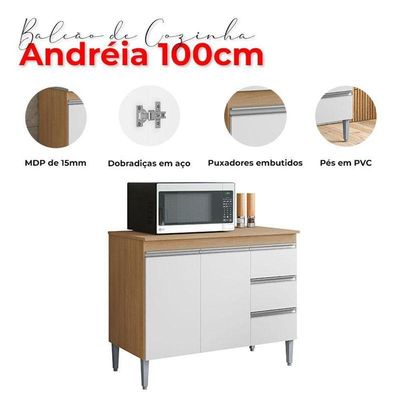 Balcão De Cozinha Com Tampo 100cm E Armário Aéreo 3 Portas Andréia Amêndoa Branco - Ajl