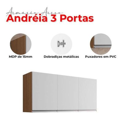 Balcão De Cozinha Com Tampo 100cm E Armário Aéreo 3 Portas Andréia Amêndoa Branco - Ajl