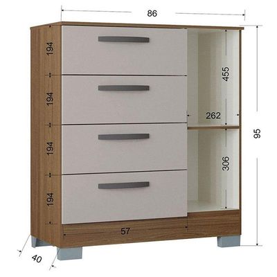 Cômoda 868 4 Gavetas E 1 Porta Com Armário Multiuso 2 Portas Pequeno Castanho Off White - Poquema