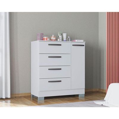 Cômoda 868 4 Gavetas E 1 Porta Com Guarda Roupa Casal Milão 6 Portas Branco Brilho - Poquema
