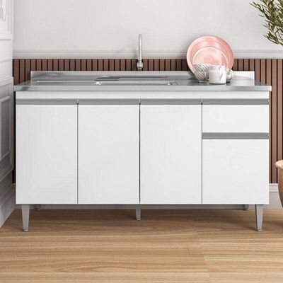 Balcão De Pia Tatiane 145 Cm E Armário Aéreo Andréia 4 Portas 150 Cm Branco Brilho - Ajl
