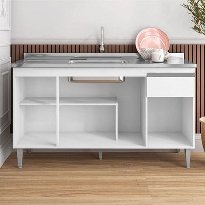 Balcão De Pia Tatiane 145 Cm E Armário Aéreo Andréia 4 Portas 150 Cm Branco Brilho - Ajl
