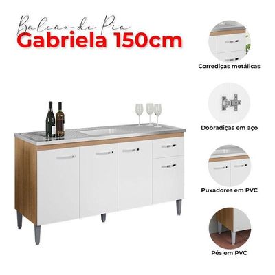Balcão De Pia Ambiente Gabriela 150cm Amêndoa Branco - Ajl
