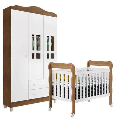 Berço Americano Lila E Guarda Roupa Infantil Ariel 3 Portas Branco Acetinado Amadeirado - Carolina