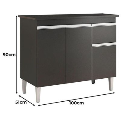 Balcão De Cozinha Tatiane Com Tampo 100cm E Armário Aéreo Andréia 3 Portas Preto Fosco - Ajl