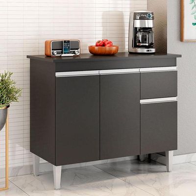Balcão De Cozinha Tatiane Com Tampo 100cm E Armário Aéreo Andréia 3 Portas Preto Fosco - Ajl