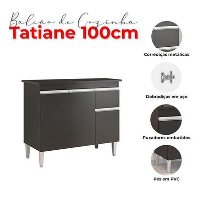 Balcão De Cozinha Tatiane Com Tampo 100cm E Armário Aéreo Andréia 3 Portas Preto Fosco - Ajl