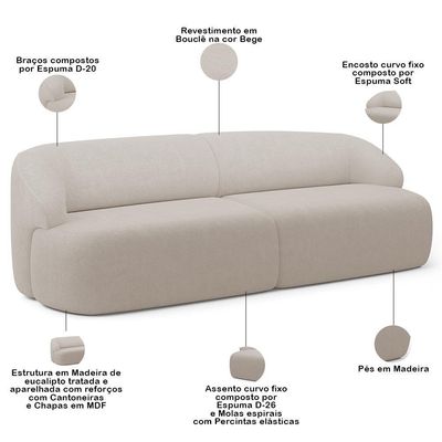 Sofá 3 Lugares Curvo Orgânico Living 250cm Barolo L06 Bouclê Bege