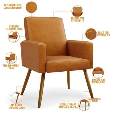 Kit 03 Poltronas Decorativa Para Sala De Estar Maria W01 Pés Palito Couríssimo Whisky - Lyam Decor