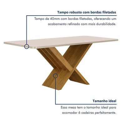 Mesa De Jantar 180cmx90cm Tampo De 40mm Aurora Valdemoveis Cinamomo/off White