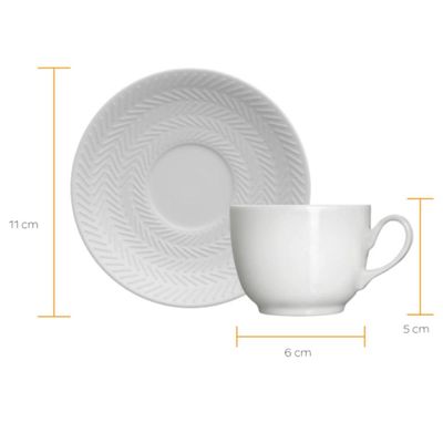 Xícara de Café com Pires Relevo 75ml em Porcelana Branca Chevron Germer