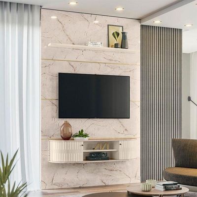 Estante Home Theater Com Bancada Suspensa Monte Carlo Calacata Off White – Madetec