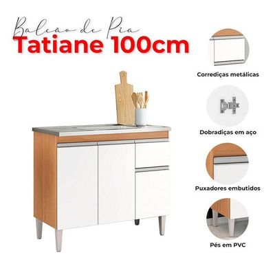 Balcão De Pia Tatiane 100cm E Armário Aéreo Andréia 3 Portas Amêndoa Branco - Ajl