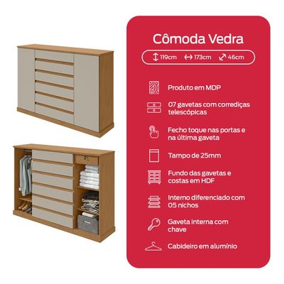 Comoda Vedra 7 Gavetas 2 Portas Amendoa Clean/Off White