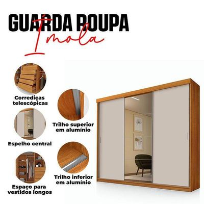 Guarda Roupa Casal Ambiente ímola 3 Portas De Correr Com Espelho Freijó Off White Pina - Luapa