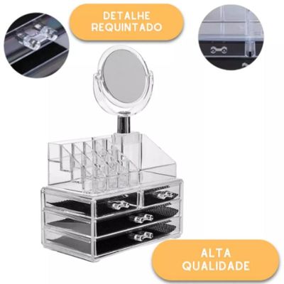 Organizador De Cosmeticos Maquiagem 4 Gavetas E Espelho Acrilico Porta Batom Pincel Lapis Joia