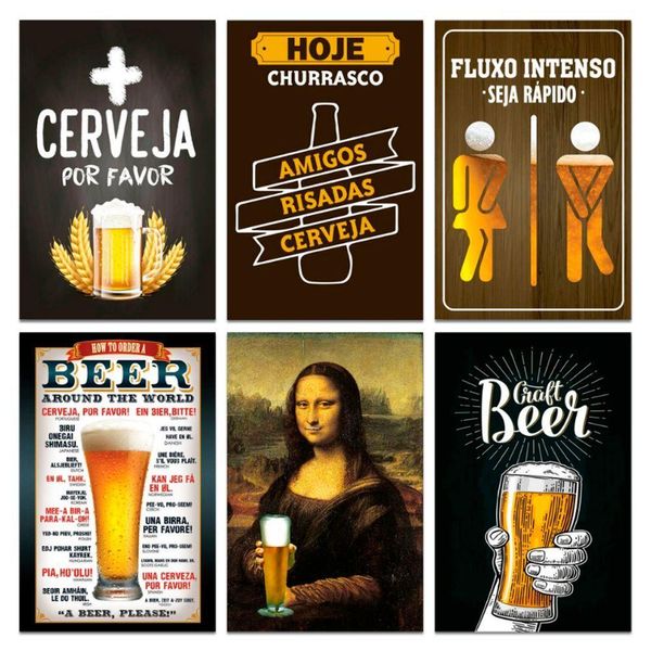 Kit Placas Quadros Decorativos Frases Cerveja 6 Pçs 20x30 Cm