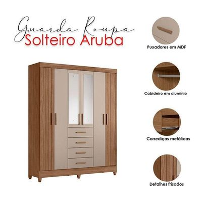 Guarda Roupa Solteiro Aruba Com Espelho E Cômoda Georgia Carvalho Fendi – Moval