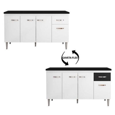 Balcão De Cozinha Gabriela Branco Com Tampo 150 Cm Preto Fosco - Ajl