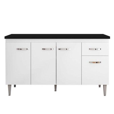 Balcão De Cozinha Gabriela Branco Com Tampo 150 Cm Preto Fosco - Ajl