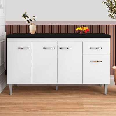 Balcão De Cozinha Gabriela Branco Com Tampo 150 Cm Preto Fosco - Ajl