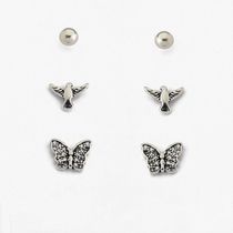 Trio Brincos Borboleta E Espirito Santo Cravejado Com Zircônias Prata 925
