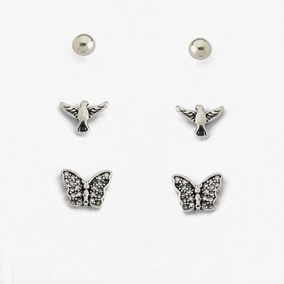 Trio Brincos Borboleta E Espirito Santo Cravejado Com Zircônias Prata 925
