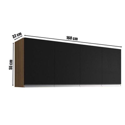 Balcão De Pia Tatiane 145 Cm E Armário Aéreo Andreia 4 Portas 160 Cm Amêndoa Preto – Ajl