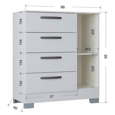 Cômoda 868 4 Gavetas E 1 Porta Com Guarda Roupa Solteiro Milão 4 Portas Branco Brilho - Poquema