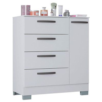Cômoda 868 4 Gavetas E 1 Porta Com Guarda Roupa Solteiro Milão 4 Portas Branco Brilho - Poquema