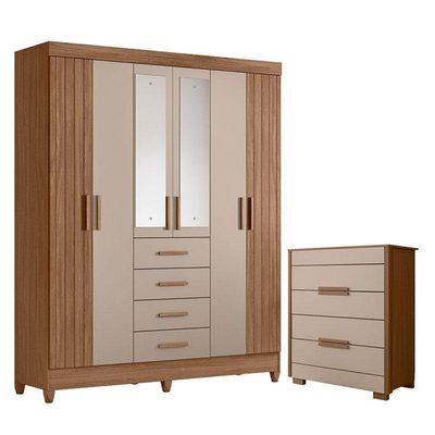Guarda Roupa Solteiro Aruba Com Espelho E Cômoda Dhara Carvalho Fendi – Moval