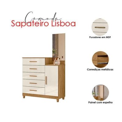 Guarda Roupa Solteiro Aruba Com Espelho E Cômoda Lisboa Freijó Off White – Moval