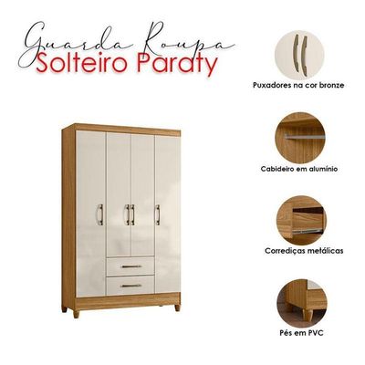 Guarda Roupa Solteiro Ambiente Paraty 4 Portas Freijó Off White - Moval