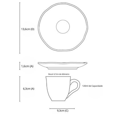 Jogo 6 Xícaras de Café 120ml com Pires Cerâmica Bio Latte Mesa Posta Porto Brasil