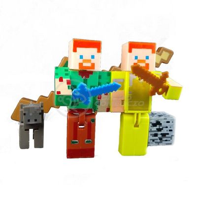 Kit Cartelado Conjunto Minecraft 2 Bonecos + 1 Bloco + 1 Vaca + 1 Espada Minecraft 31cm