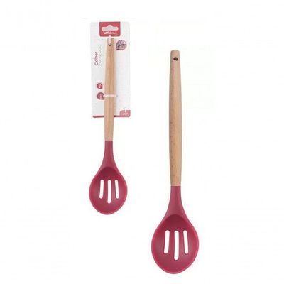 Colher Vazada De Silicone Vermelho Cabo Madeira 32 Cm - Well