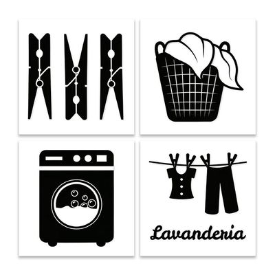 Kit 4 Quadros Decorativos Lavanderia Casa Sala Placas Mdf