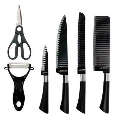 Jogo de Facas 6 Peças Com Tesoura Aço Inox Preto - Precisão e Durabilidade para Sua Cozinha