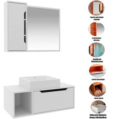 Kit Gabinete E Espelheira De Banheiro 80 Cm Com Cuba Karina Branco