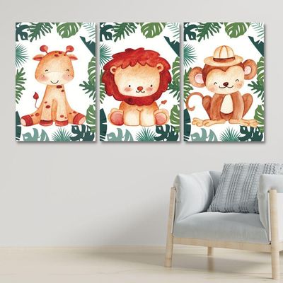 Kit 3 Quadros Safari Infantil Quarto Criança Placas Mdf