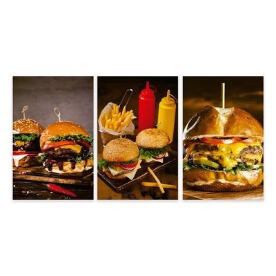 Kit 3 Quadros Hambúrguer Lanches Hamburgueria Placas Mdf