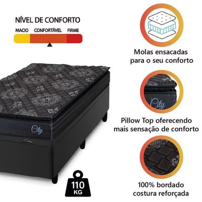 Cama Box Baú Solteiro Colchão Com Molas Ensacadas City Pillow Top 88x188x64cm Preto Hellen Preto